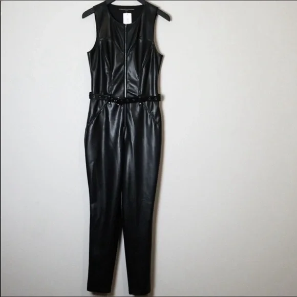 Guess Sandra Faux Leather Moto Belted Jumpsuit Black - Picture 4 of 8